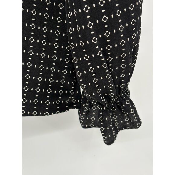 Talbots Silk Top Blouse Women Size 12 Large Black Sheer Geometric Ruffle Collar - Picture 6 of 12